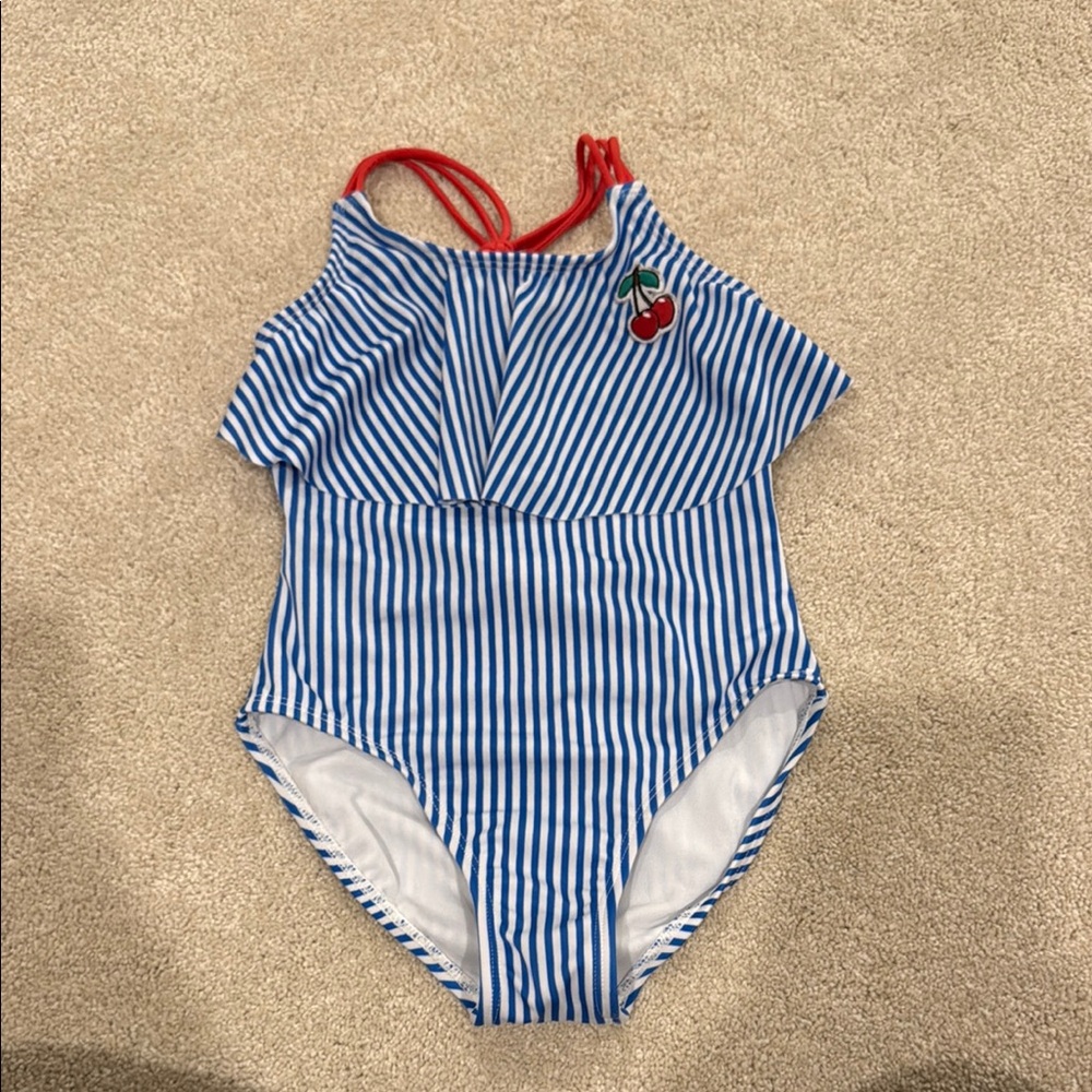 Blue and White Striped Swimsuit with Cherry Detail